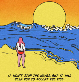 comic on radical acceptance, frau steht vor dem meer und schaut auf die große sonne 
