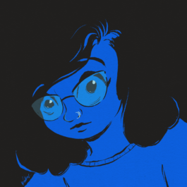 portrait in dark colours, black on blue 