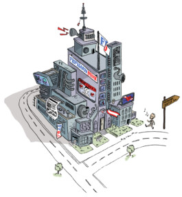 herbert kickl läuft auf die fpö-zentrale, eine maschinerie aus lügen und korruption, zu und pfeift. stil: politischer comic 