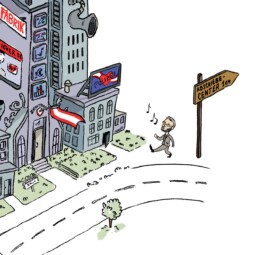 zoom auf kickl, herbert kickl läuft auf die fpö-zentrale, eine maschinerie aus lügen und korruption, zu und pfeift. stil: politischer comic 